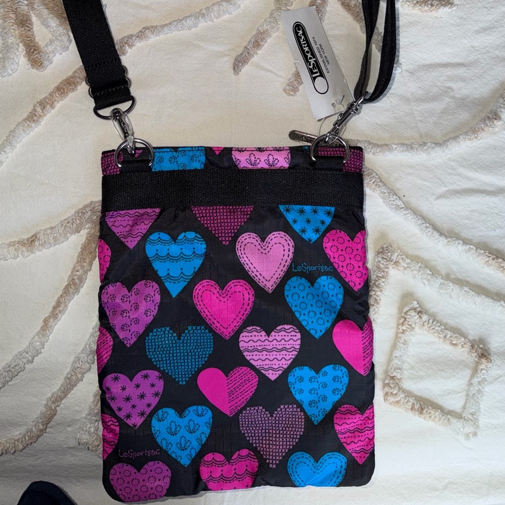 LeSportsac Black, Pink, Blue Heart Crossbody Bag